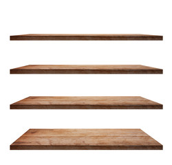 collection of wooden shelves on an isolated white background