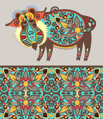 Canvas Print - folk ethnic animal - wild boar with seamless geometry vintage pa