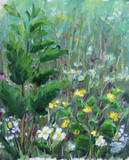 green bush on the meadow in flowers, oil painting