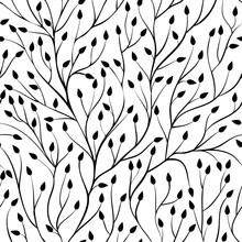 Beautiful Monochrome Black And White Seamless Background With Tree Branches.