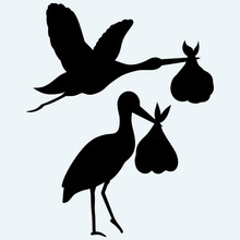 Stork With Baby. Isolated On Blue Background. Vector Silhouettes