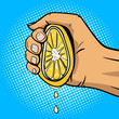 Hand squeeze lemon pop art comic book style vector