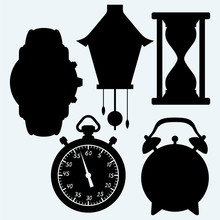 Devices Quantifiable Time, Different Clock. Isolated On Blue Background. Vector Silhouettes