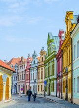 View Of Colorful Facades Of Old Style Houses Situated Next To The Velke Namesti Square In Historical Part Of Czech City Hradec Kralove
