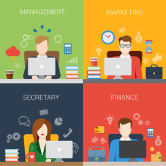 Flat style management marketing secretary finance people at workplace website banner infographic icon set. Web infographics collection.