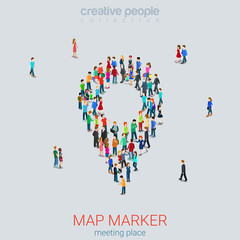 Wall Mural - map pin sign shape micro people crowd flat 3d vector isometric