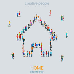 Wall Mural - home sign shape people crowd flat 3d isometric vector
