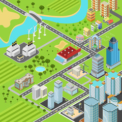 Wall Mural - City block streets transport buildings flat 3d isometric vector