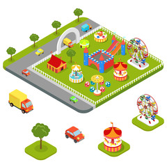 Wall Mural - carousel attraction leisure entertainment park flat 3d isometric