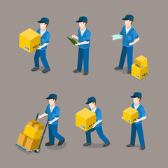 Wall Mural - delivery man at work package flat 3d isometric vector