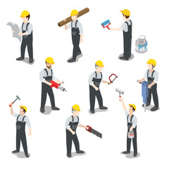 Wall Mural - builder carpenter construction worker flat 3d isometric vector