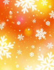 Wall Mural - golden background with bokeh and blurred snowflakes, vector