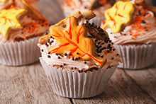 Beautiful Cupcakes Decorated With Autumn Leaves Close Up. Horizontal

