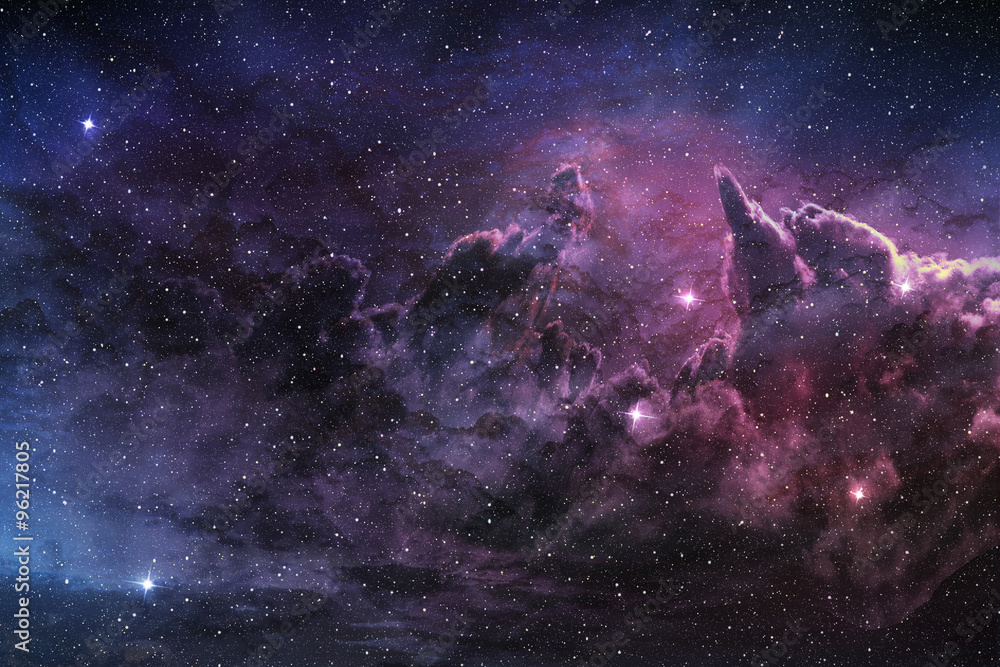 purple nebula and cosmic dust in star field - obrazy, fototapety, plakaty 