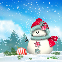 Canvas Print - Cute snowman in snowy winter landscape, illustration