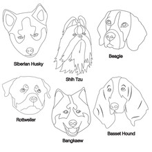 Black White Dog Face Set : Siberian Husky, Shih Tzu, Beagle, Rottweiler, Bangkaew, Basset Hound Vector Illustration