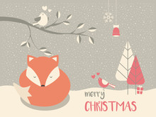 Cute Christmas Sleepy Baby Fox Surrounded With Floral Decoration