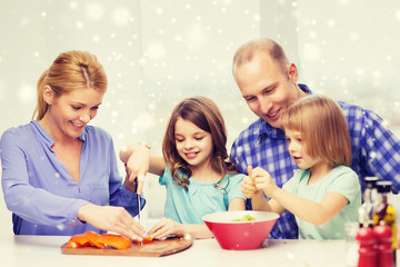 Poster - happy family with two kids making dinner at home