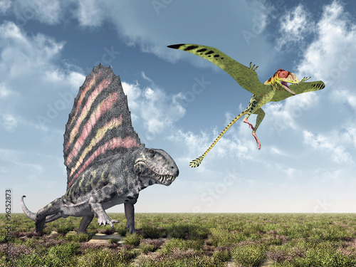Naklejka - mata magnetyczna na lodówkę Dimetrodon attacks Peteinosaurus