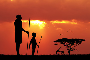 Wall Mural - African man and son at sunset