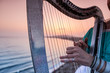 Close up of the hands of woman playing harp by the sea at sunset