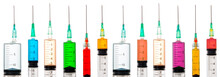 Various Syringes Filled With Colored Liquids