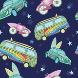 Vector Dark Blue Surfboards On Transport Cars Bicycles Vans Seamless Pattern. Fun. Hippie. Sport. Surfing. Hawaii. California