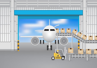 Operator loading cargo box to airplane storage by forklift inside hangar, airport. Vector illustration concept of import export, logistic, shipping, delivery. Freight transport distribution indusry.