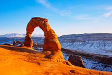 Delicate Arch At Sunset In Snow Season, Arches National Park, Utah