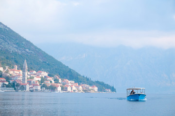 Sticker - The image of boat in a Kotor  bay, Montenegro