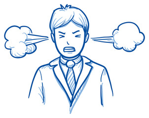 Angry business man with steam coming out of the ears, concept for stress, burnout, headache, too much work, hand drawn doodle vector illustration