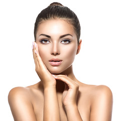 Wall Mural - beauty portrait. beautiful spa brunette woman touching her face