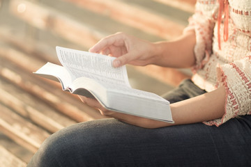 woman reading a book sitting on the bench