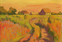 Summer Rural Landscape With The Road To The Houses. Oil Painting