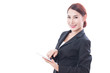 © japhoto - Portrait of young business woman using tablet on white background