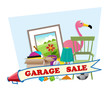 Garage Sale - Cute garage sale banner with household items in the background. Eps10