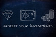 © faithie - diamond, coins and safe with text Protect your investments