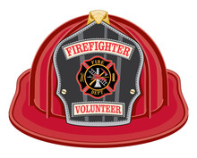 Firefighter Volunteer Red Helmet Is An Illustration Of A Red Firefighter Helmet Or Fireman Hat From The Front With A Shield, Maltese Cross And Firefighter Tools Logo.