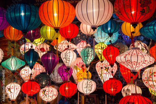 Paper lanterns on the streets of old Asian town Poster