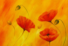 Red Poppy On Orange Background. Red Poppies. Red Flower On Abstract Color Background
