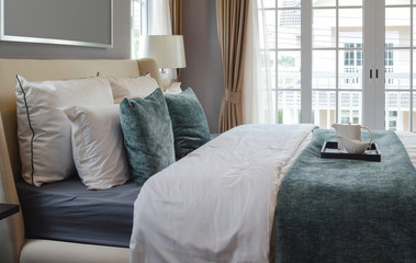 black tray of tea set in classic style bedroom at home