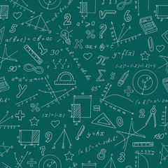 Wall Mural - Seamless background with graphs and formulas in the subject of mathematics and learning, white contour on green background