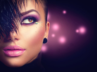 Poster - Sexy model girl face closeup with holiday bright purple makeup