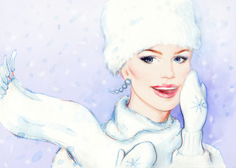 Wall Mural - Portrait of smiling woman wearing winter accessories. Young beauty woman with hat. Watercolor illustration