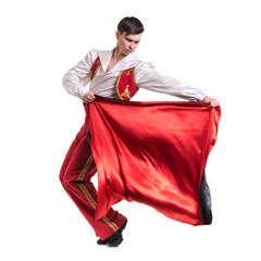 Dancing man wearing a toreador costume. Isolated on white in full length