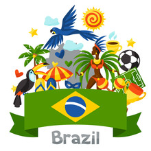 Brazil Background With Stylized Objects And Cultural Symbols