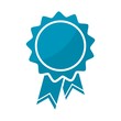 © sljubisa - Blue badge with ribbons icon, vector illustration