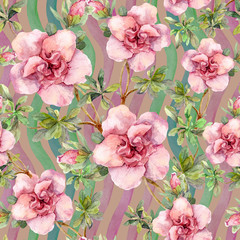  Pink flowers. Seamless floral repeated pattern. Watercolor 