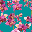 Exotic watercolor painted template with repeated orchids flowers 