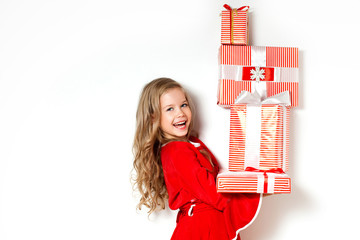 Wall Mural - Happy girl with red gift boxes